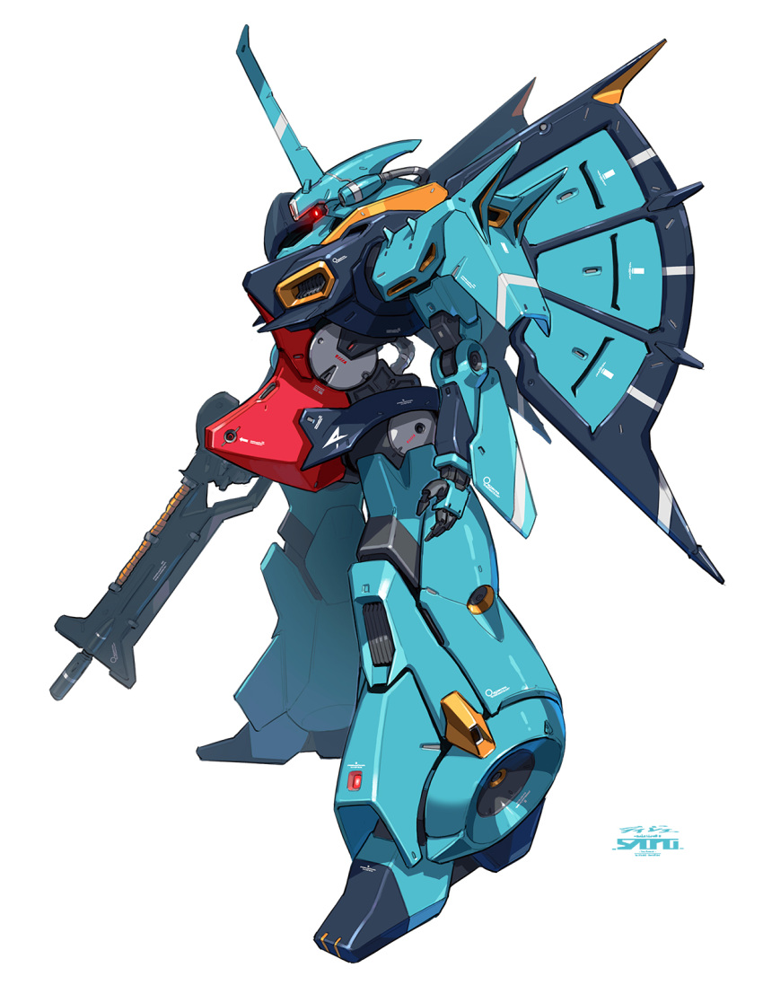 dijeh esuthio from_side glowing glowing_eye gun gundam highres holding holding_gun holding_weapon horns mecha mechanical_wings mobile_suit no_humans one-eyed open_hand profile red_eyes redesign robot science_fiction single_horn solo weapon white_background wings zeta_gundam