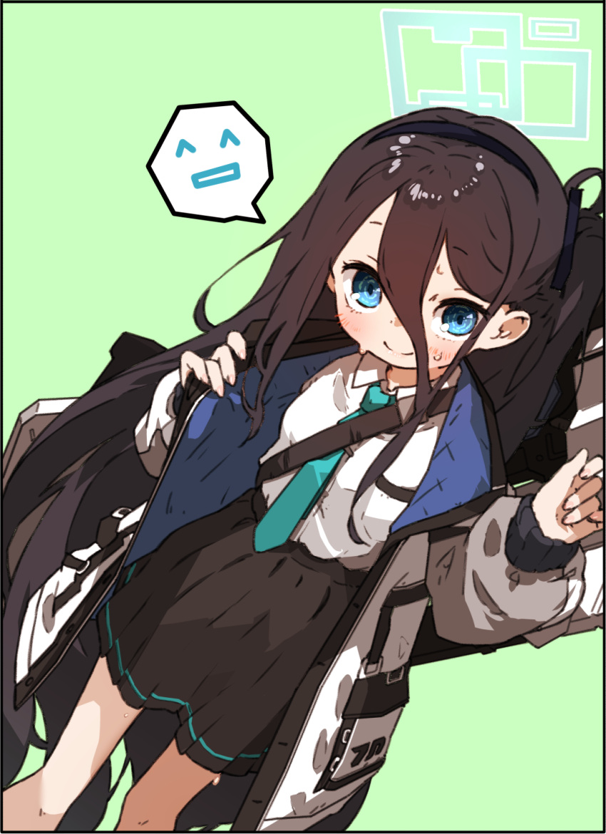 1girl amonitto arisu_(blue_archive) bangs black_hair black_hairband blue_archive blue_jacket blue_necktie blush closed_mouth dutch_angle feet_out_of_frame green_background hair_between_eyes hairband halo highres jacket long_bangs long_hair long_sleeves looking_at_viewer necktie one_side_up open_clothes open_jacket school_uniform shirt simple_background smile solo spoken_expression sweat two-sided_fabric two-sided_jacket very_long_hair weapon weapon_on_back white_jacket white_shirt