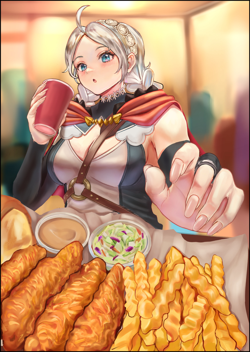 1girl absurdres ahoge axeloust bangs black_bridal_gauntlets blue_eyes braid breasts buttons capelet chest_harness chicken_fingers choker coleslaw commission commissioner_upload cowlick crinkle-cut_fries cup fast_food fire_emblem fire_emblem_fates flower_choker food foreshortening french_fries fried_chicken hairband harness highres holding holding_cup hood hooded_capelet indoors leather long_hair low_twin_braids medium_breasts nina_(fire_emblem) non-web_source o-ring open_mouth parted_bangs raising_cane's_chicken_fingers red_capelet red_hood sauce solo_focus turtleneck twin_braids two-tone_shirt white_choker white_hair white_hairband