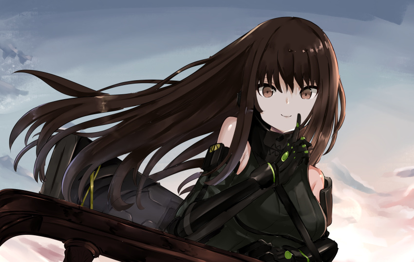 1girl bangs black_gloves breasts brown_eyes brown_hair closed_mouth day girls_frontline gloves highres long_hair looking_at_viewer m4a1_(girls'_frontline) mod3_(girls'_frontline) mutugorou_u outdoors sidelocks sky smile solo upper_body