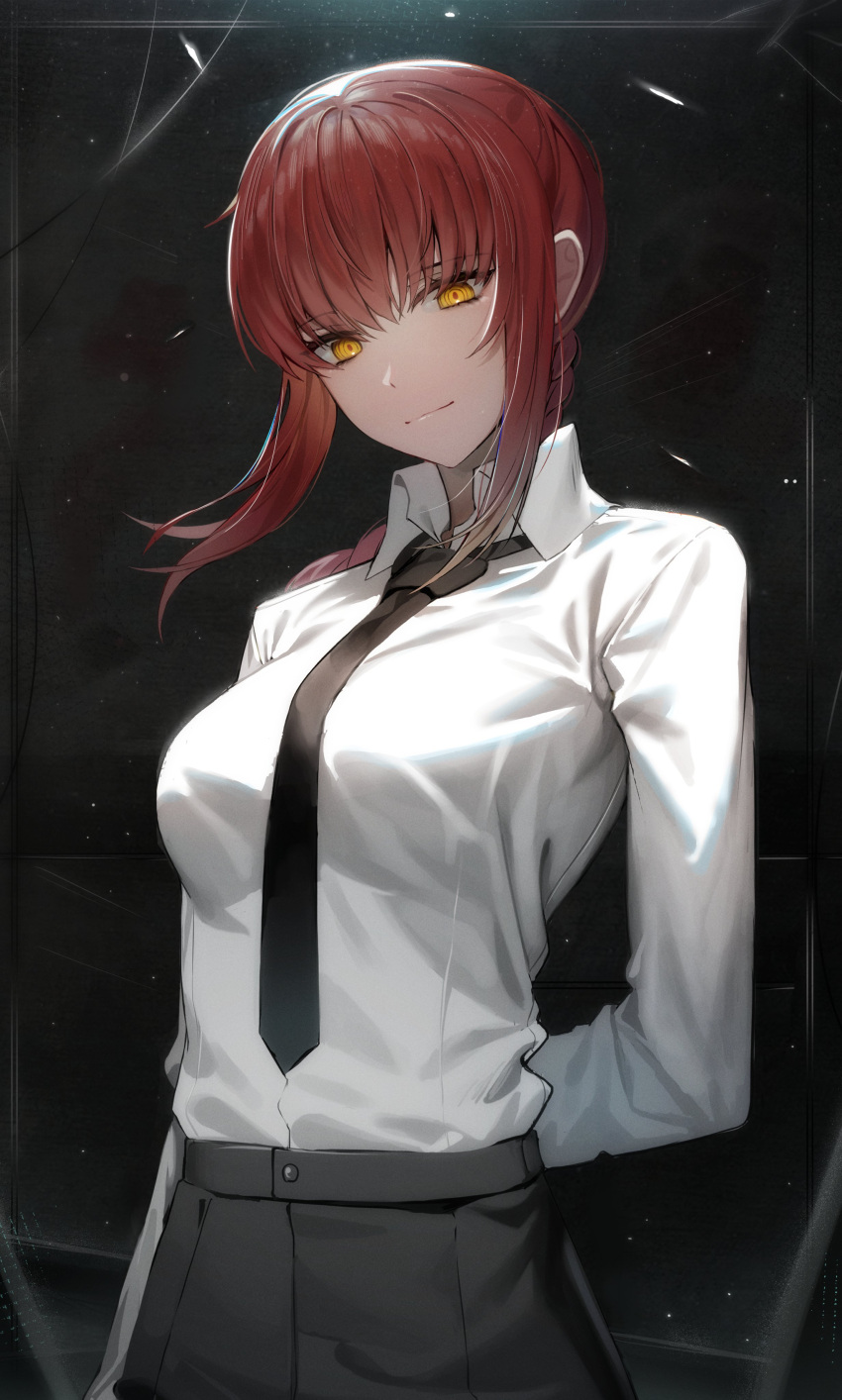 1girl absurdres arm_behind_back bangs black_necktie black_pants braid braided_ponytail business_suit chainsaw_man closed_mouth collared_shirt formal high-waist_pants highres light_smile looking_at_viewer makima_(chainsaw_man) medium_hair necktie office_lady pants redhead ringed_eyes shirt shirt_tucked_in sidelocks solo sugar_(dndi888) suit yellow_eyes