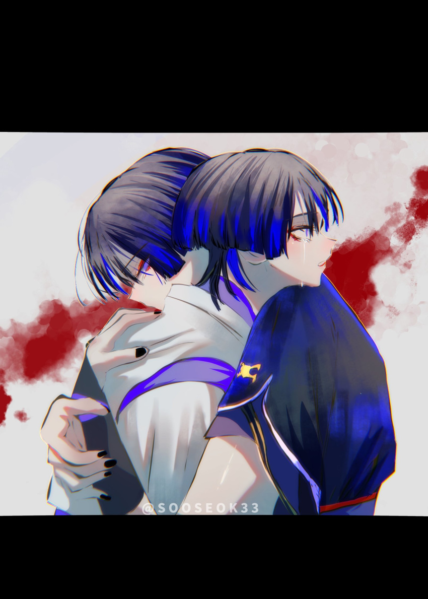2boys artist_name bangs belt black_border black_hair black_nails black_shirt blood blue_belt blue_hair border closed_mouth covered_mouth crying crying_with_eyes_open detached_sleeves english_commentary fingernails genshin_impact gradient gradient_hair grey_background grey_vest hair_between_eyes hands_up highres hug long_fingernails long_sleeves looking_at_another looking_back looking_to_the_side mandarin_collar multicolored_hair multiple_boys multiple_persona nail_polish no_headwear purple_shirt scaramouche_(genshin_impact) shirt short_hair short_sleeves simple_background sooseok33 standing tears teeth two-tone_hair vest violet_eyes wide_sleeves