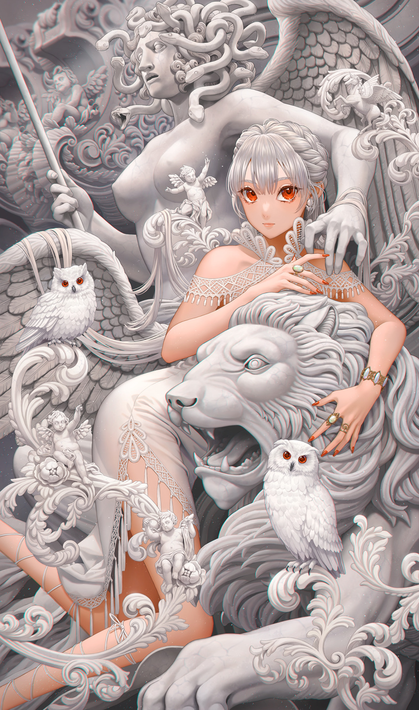 1girl bangs bird bracelet chromatic_aberration dress earrings feathered_wings feet_out_of_frame flower grey_hair highres jewelry limited_palette lion long_hair looking_at_viewer minami_(minami373916) original owl red_eyes ring snake_hair solo statue white_dress wings
