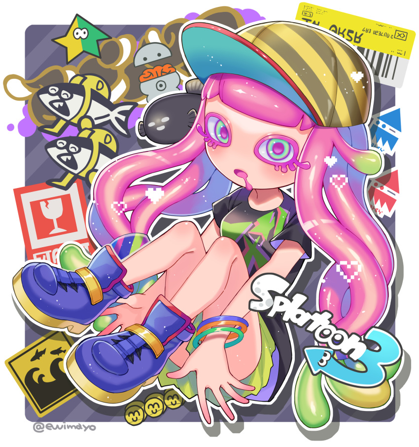 1girl barcode baseball_cap black_shirt blonde_hair blue_eyes bracelet brain clownfish colored_eyelashes colored_skin copyright_name drooling eyelashes fish full_body gradient_hair gradient_skin graffiti green_skirt harmony's_clownfish_(splatoon) harmony_(splatoon) hat heart highres inkling_(language) jewelry light_green_hair light_particles long_hair looking_at_viewer miniskirt multicolored_clothes multicolored_eyes multicolored_hair multicolored_headwear multicolored_skin no_eyebrows no_nose octopus open_mouth outline oversized_clothes oversized_shirt pink_hair pink_pupils pink_skin pleated_skirt purple_footwear saliva shina_shina shirt shoes short_sleeves skirt solo splatoon_(series) splatoon_3 striped striped_headwear t-shirt tentacle_hair twintails twitter_username two-tone_skin very_long_hair violet_eyes white_outline
