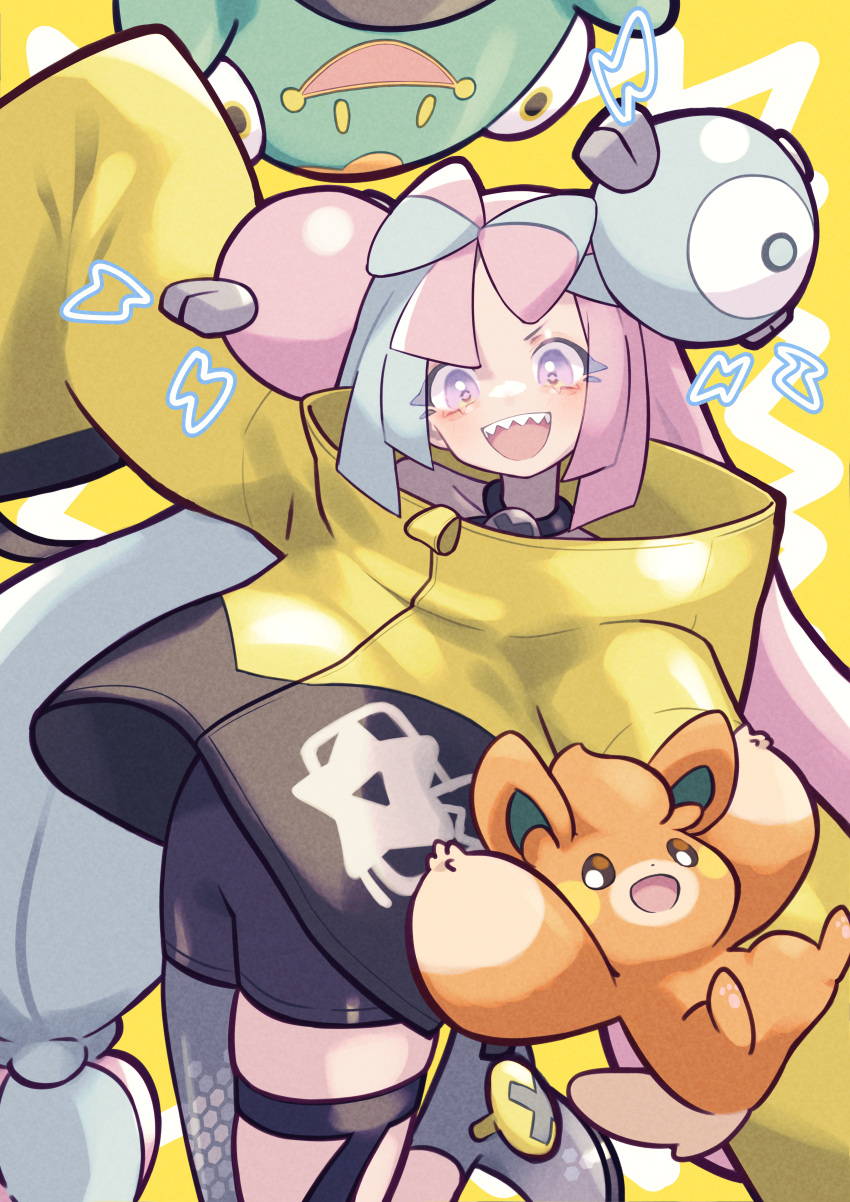 1girl :d absurdres bangs bellibolt black_shorts character_hair_ornament commentary_request green_hair grey_pantyhose hair_ornament happy highres iono_(pokemon) jacket leg_up long_hair open_mouth pantyhose pawmi pink_hair pokemon pokemon_(creature) pokemon_(game) pokemon_sv sharp_teeth shorts single_leg_pantyhose smile teeth thigh_strap tongue twintails umi_painter upper_teeth violet_eyes yellow_jacket