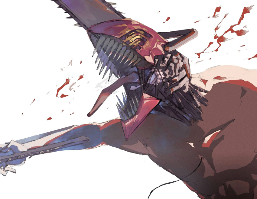 1boy 2k9vyce15annnna blood chainsaw chainsaw_man denji_(chainsaw_man) faceless highres open_mouth sharp_teeth simple_background solo teeth tongue tongue_out topless topless_male weapon white_background