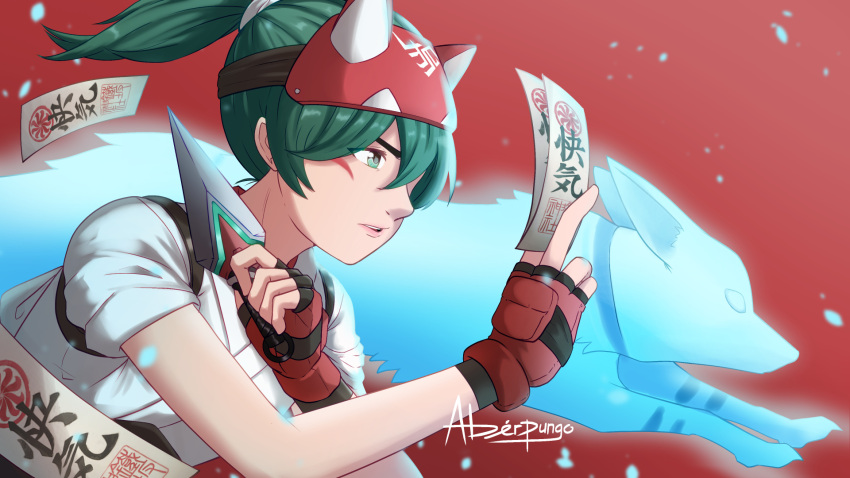 1girl aber bangs bow fingerless_gloves fox fox_mask gloves green_eyes green_hair hair_bow highres holding holding_weapon japanese_clothes kiriko_(overwatch) kunai mask medium_hair ninja ofuda overwatch overwatch_2 parted_lips red_background red_gloves short_sleeves signature simple_background weapon white_background white_bow