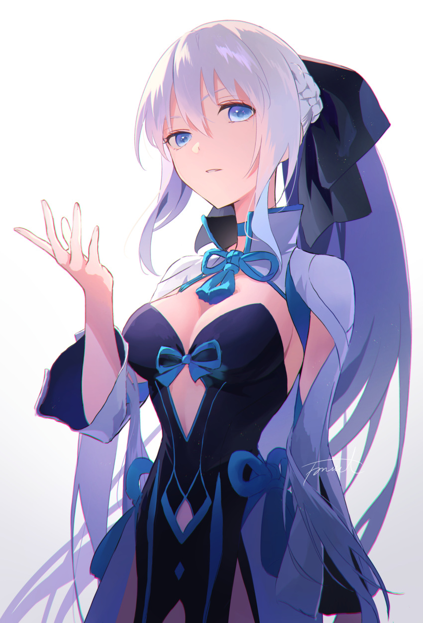 1girl black_bow black_dress blue_bow blue_choker blue_hair bow breasts choker closed_mouth collar dress fate/grand_order fate_(series) fomnant grey_hair hair_bow highres long_dress long_hair long_sleeves medium_breasts morgan_le_fay_(fate) multicolored_clothes multicolored_dress open_clothes open_dress very_long_hair white_background