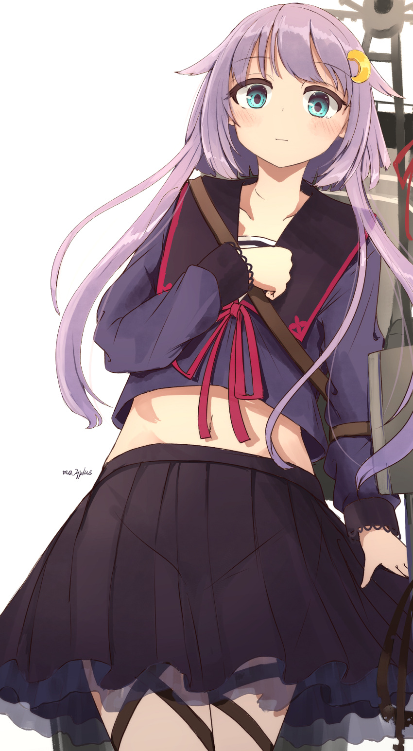 1girl black_skirt blue_eyes blue_serafuku blush closed_mouth cowboy_shot crescent crescent_hair_ornament hair_ornament highres kantai_collection long_hair long_sleeves munehiro_(21plus) navel pleated_skirt purple_hair school_uniform serafuku shirt short_hair_with_long_locks sidelocks signature skirt smokestack solo white_background yayoi_(kancolle)