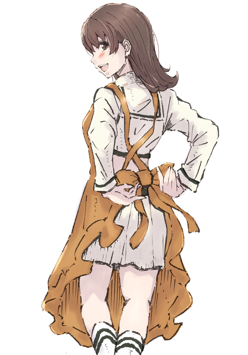 1girl apron brown_eyes brown_hair commentary_request feet_out_of_frame from_behind highres kantai_collection ld_(luna_dial398) long_hair long_sleeves midriff one-hour_drawing_challenge ooi_(kancolle) orange_apron sailor_collar shirt simple_background skirt solo white_background white_sailor_collar white_shirt white_skirt