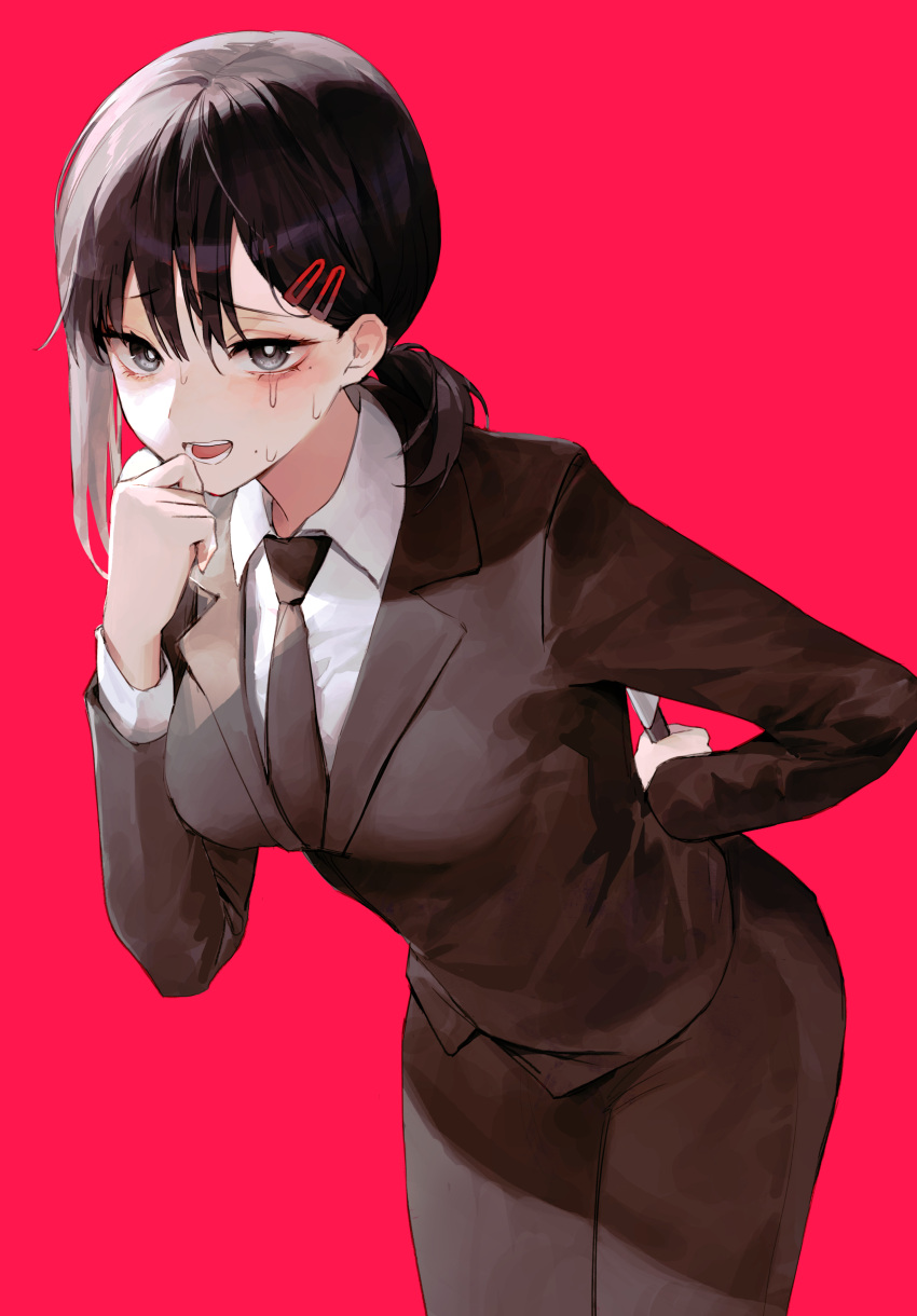 1girl absurdres bangs black_hair black_jacket black_necktie black_pants black_suit bright_pupils chainsaw_man collared_shirt cowboy_shot crying crying_with_eyes_open danah finger_to_own_chin formal from_side grey_eyes hair_ornament hairclip hand_on_hip hand_up higashiyama_kobeni highres holding holding_knife jacket knife leaning_forward looking_at_viewer low_ponytail medium_hair mole mole_under_eye mole_under_mouth necktie open_mouth pants pink_background shirt simple_background single_sidelock solo standing suit tears white_pupils white_shirt