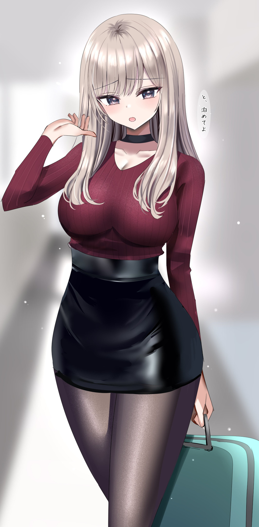 1girl absurdres black_eyes black_pantyhose black_skirt breasts brown_hair hanasaka_houcha highres large_breasts long_hair long_sleeves looking_at_viewer open_mouth original pantyhose pencil_skirt red_sweater skirt solo speech_bubble sweater translation_request