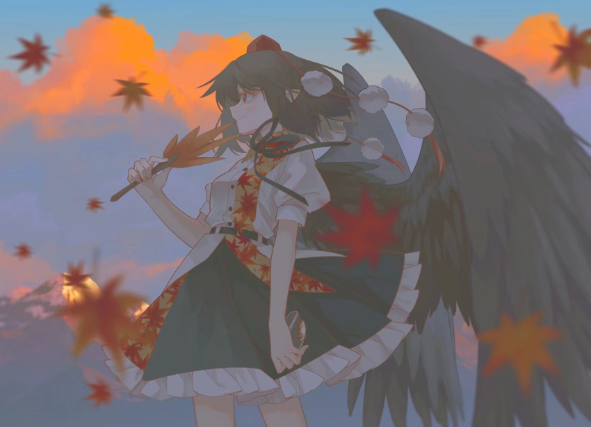 1girl autumn autumn_leaves bird_wings black_hair black_skirt black_wings blush buttons chinese_commentary closed_mouth collared_shirt feathered_wings frilled_skirt frills hand_fan hat hauchiwa highres holding holding_fan jiege leaf maple_leaf pom_pom_(clothes) puffy_short_sleeves puffy_sleeves red_eyes red_headwear shameimaru_aya shirt short_hair short_sleeves skirt solo tokin_hat touhou violet_eyes white_shirt wings