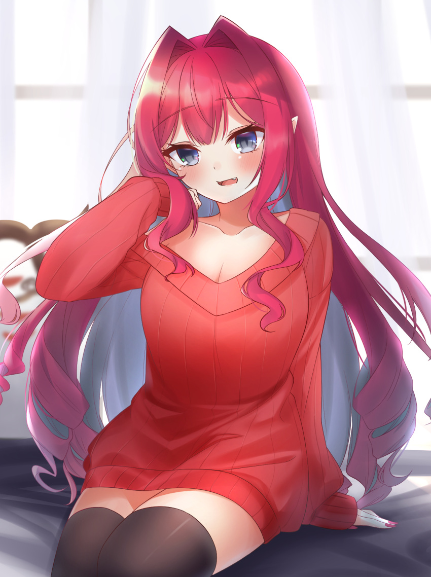 1girl alternate_costume black_thighhighs breasts collarbone fairy_knight_tristan_(fate) fang fate/grand_order fate_(series) grey_eyes hair_intakes highres hoshino_reiji long_hair long_sleeves medium_breasts mouth_open pink_eyebrows pink_hair pointy_ears red_sweater sidelocks sitting solo sweater thigh-highs thighs thighs_together very_long_hair