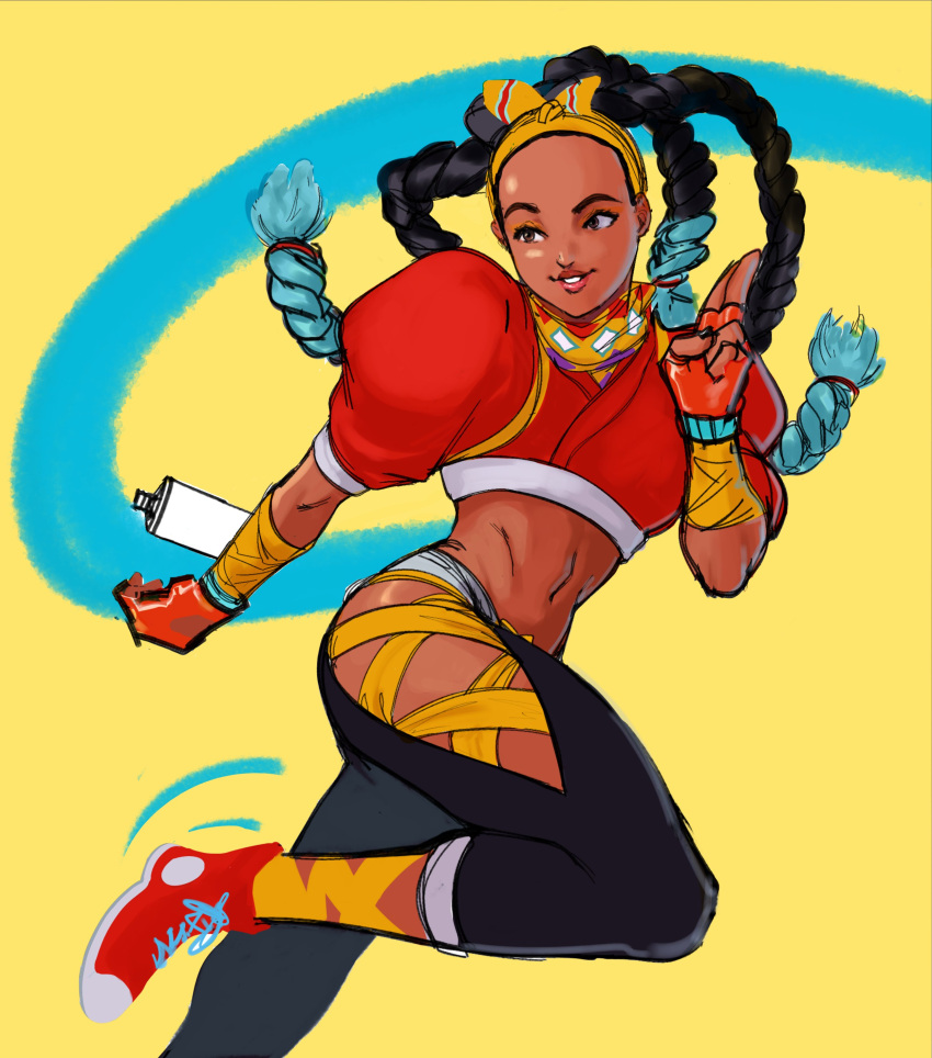 1girl absurdres aqua_hair arm_wrap bow_hairband brown_eyes brown_lips colored_tips converse cropped_jacket dark-skinned_female dark_skin english_commentary forehead gloves hairband highres hip_vent jacket jed_(jedzem) kimberly_(street_fighter) long_hair midriff multicolored_hair navel puffy_short_sleeves puffy_sleeves quad_braids red_gloves red_jacket running salute shoes short_sleeves smartwatch sneakers solo spray_can street_fighter street_fighter_6 thick_eyebrows toned two-finger_salute very_dark_skin watch watch yellow_background yellow_hairband