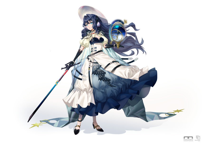 1girl absurdres arknights astesia_(arknights) astesia_(starseeker)_(arknights) blue_eyes blue_hair bright_pupils cape dark_blue_hair dress elbow_gloves expressionless frilled_dress frills full_body globe gloves high_heels highres holding holding_sword holding_weapon layered_dress long_hair m15652786750 solo sword weapon white_dress white_pupils wide_brim
