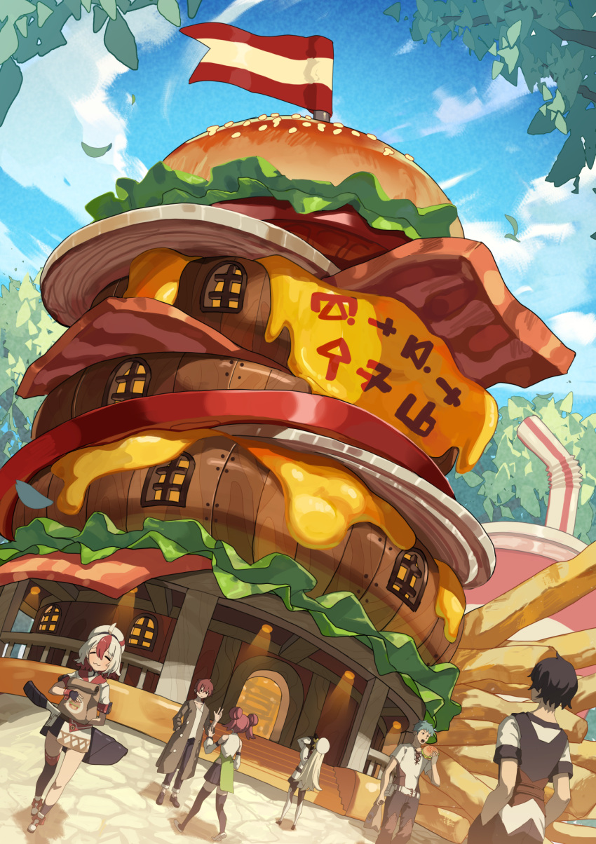 3boys 3girls :3 black_hair blue_sky brown_hair building commentary_request day highres moutama multiple_boys multiple_girls original outdoors oversized_food short_hair sky smile tree