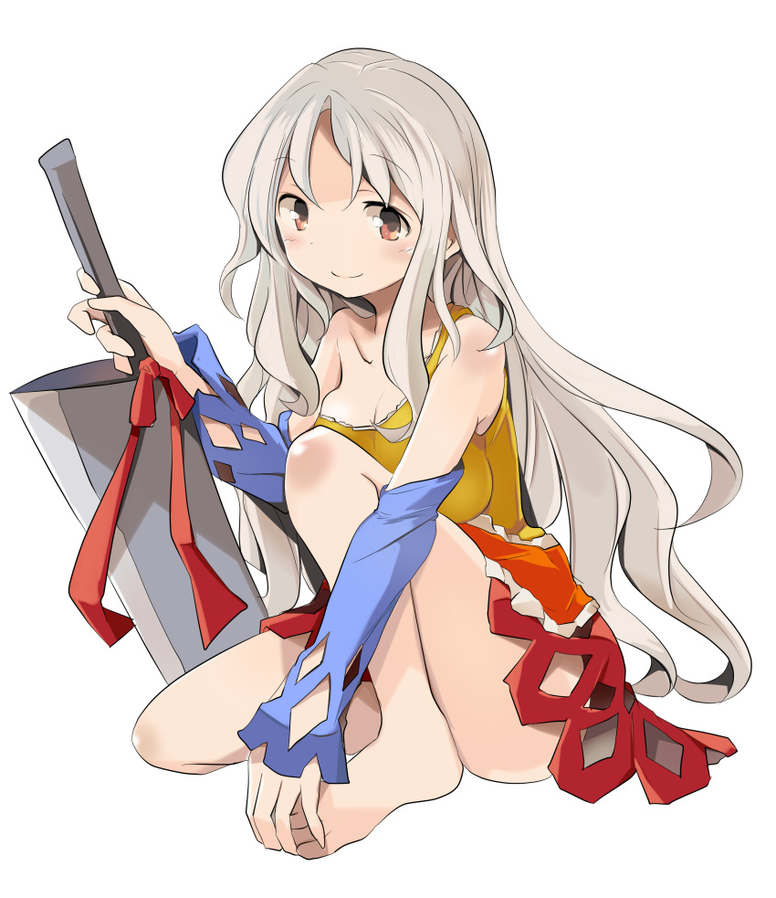 1girl absurdres bangs bare_shoulders barefoot blue_sleeves closed_mouth dress full_body grey_hair hidden_star_in_four_seasons highres holding holding_knife holding_weapon knife long_hair looking_at_viewer mukuroi multicolored_clothes multicolored_dress orange_dress orange_eyes sakata_nemuno simple_background smile solo toes touhou weapon white_background yellow_dress