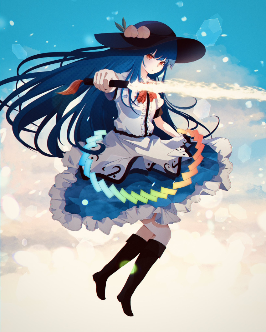 1girl apron black_footwear blouse blue_hair blue_skirt boots bow bowtie brown_footwear buttons commentary_request frills full_body highres hinanawi_tenshi holding holding_sword holding_weapon long_hair peach_hat_ornament puffy_short_sleeves puffy_sleeves rainbow_order red_eyes rinmaru0213 shirt short_sleeves skirt solo sword sword_of_hisou touhou weapon white_shirt