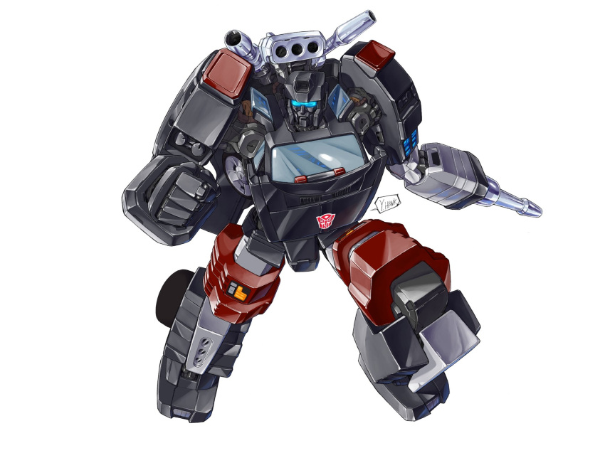 arm_cannon artist_name assault_visor autobot english_commentary highres looking_to_the_side mecha robot shoulder_cannon solo speech_bubble trailbreaker transformers weapon white_background yinghawk