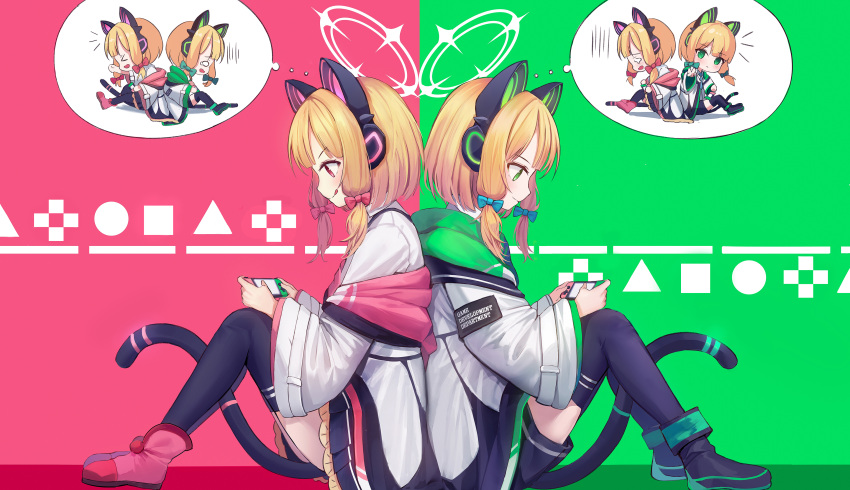 2girls absurdres black_footwear black_shorts black_thighhighs blonde_hair blue_archive bow cat_ear_headphones fake_tail from_side green_background green_bow green_eyes hair_bow halo handheld_game_console headphones highres holding holding_handheld_game_console hwa_sawa imagining jacket medium_hair midori_(blue_archive) momoi_(blue_archive) multiple_girls off_shoulder pink_background pink_bow pink_eyes pink_footwear shirt shorts siblings sisters symmetry tail thigh-highs thought_bubble twins two-tone_background white_jacket white_shirt wide_sleeves