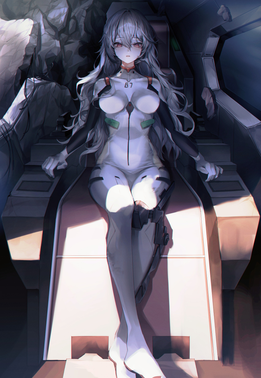 1girl absurdres ayanami_rei bangs bodysuit broken broken_wall cockpit covered_collarbone crossed_ankles danah dirty dirty_clothes evangelion:_3.0+1.0_thrice_upon_a_time feet_out_of_frame grey_hair hair_between_eyes highres long_hair looking_down neon_genesis_evangelion parted_lips plugsuit rebuild_of_evangelion red_eyes rubble sitting skin_tight solo straight-on wavy_hair white_bodysuit wire