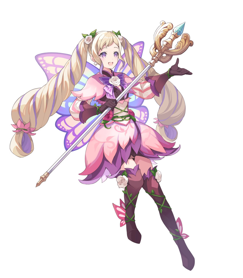 1girl alternate_costume bangs blonde_hair boots dress earrings elise_(fire_emblem) fairy_wings fire_emblem fire_emblem_fates fire_emblem_heroes flower full_body gloves gradient gradient_clothes hair_ornament highres jewelry layered_skirt long_hair long_sleeves multicolored_hair non-web_source official_art pleated_skirt purple_hair ringozaka_mariko shiny shiny_hair short_dress skirt striped thigh_boots twintails two-tone_hair vertical_stripes violet_eyes wings zettai_ryouiki