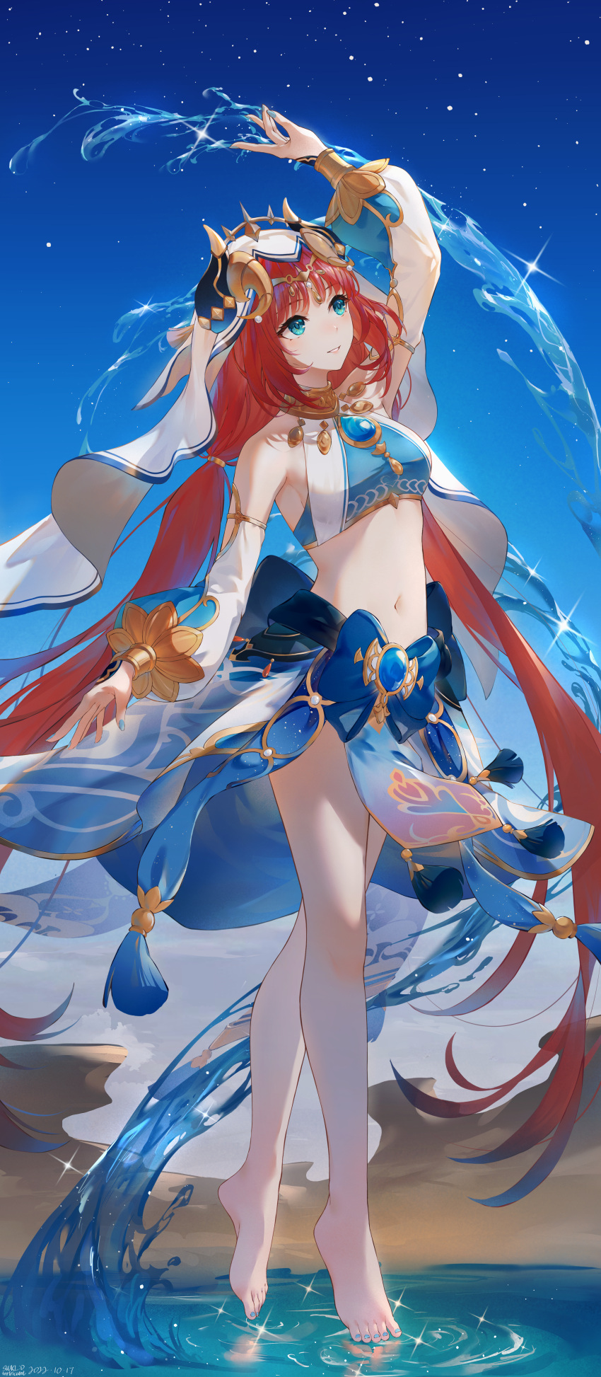 1girl absurdres aqua_eyes arm_up artist_name bare_legs bare_shoulders barefoot blue_bow blue_nails blue_sky bow breasts brooch crop_top dated detached_sleeves diffraction_spikes duplicate feet full_body genshin_impact gold_trim harem_outfit highres horns jewelry legs long_hair long_sleeves looking_afar low_twintails medium_breasts nail_polish navel neck_ring nilou_(genshin_impact) parted_lips pixel-perfect_duplicate puffy_long_sleeves puffy_sleeves redhead ripples skirt sky solo sparkle standing standing_on_liquid stomach swkl:d tiptoes toenail_polish toenails toes twintails vambraces veil very_long_hair vision_(genshin_impact) water white_sleeves