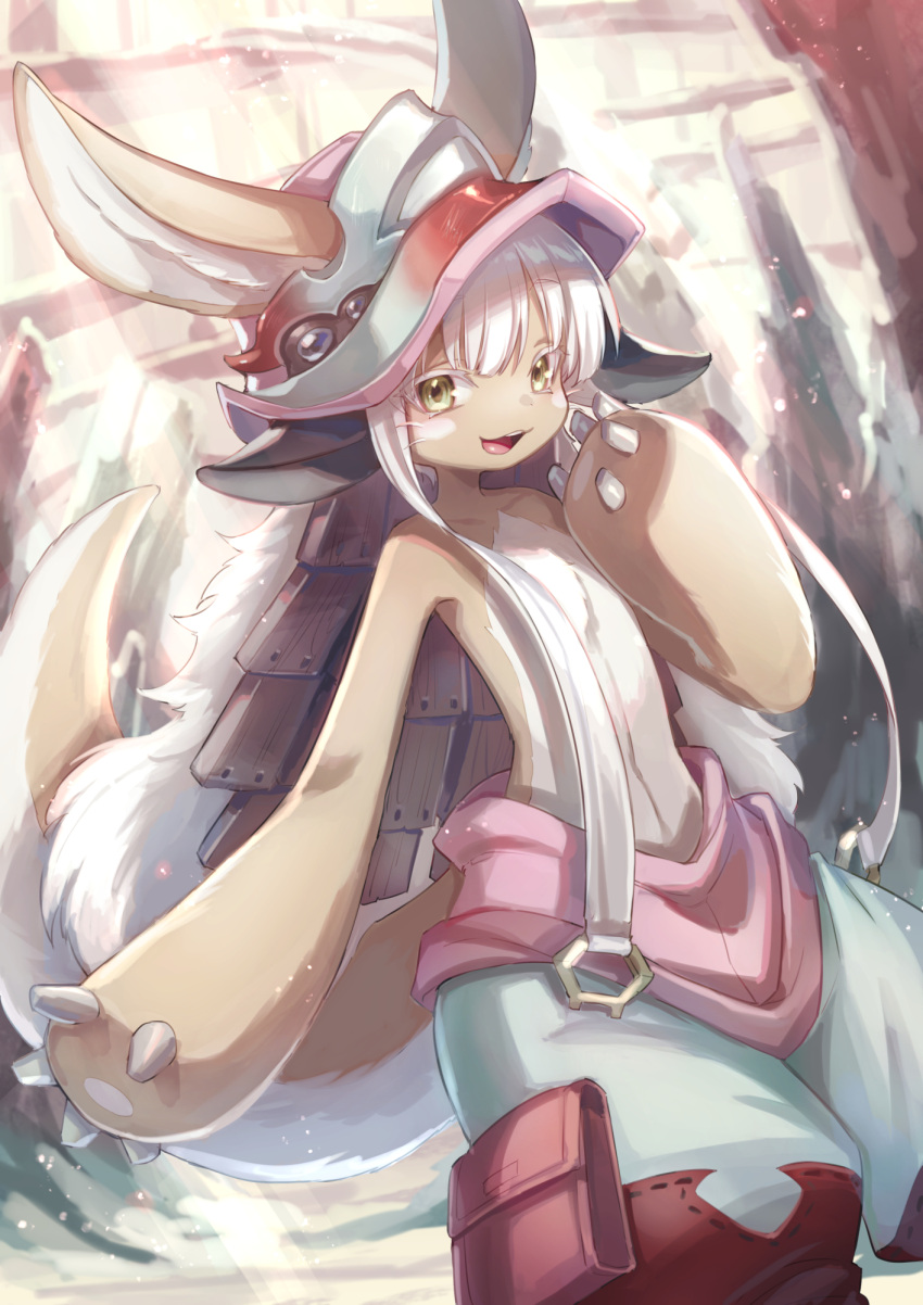 1girl :d animal_ears bangs ears_through_headwear fanny_pack flat_chest fur furry furry_female green_eyes hand_up helmet highres light_particles light_rays looking_at_viewer made_in_abyss nanachi_(made_in_abyss) open_mouth sidelocks smile solo standing suzaku_(zaku6584) tail whiskers white_hair