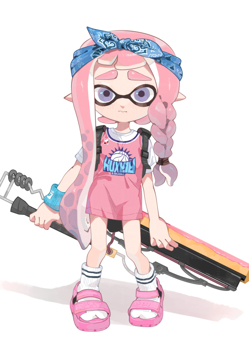 1girl braid commentary_request domino_mask full_body headband highres inkling inkling_girl long_hair mask no_pants paint_roller pink_footwear pink_hair pink_shirt pointy_ears print_shirt sandals shiohi shirt short_sleeves simple_background socks solo splat_roller_(splatoon) splatoon_(series) suction_cups tentacle_hair violet_eyes white_socks wristband