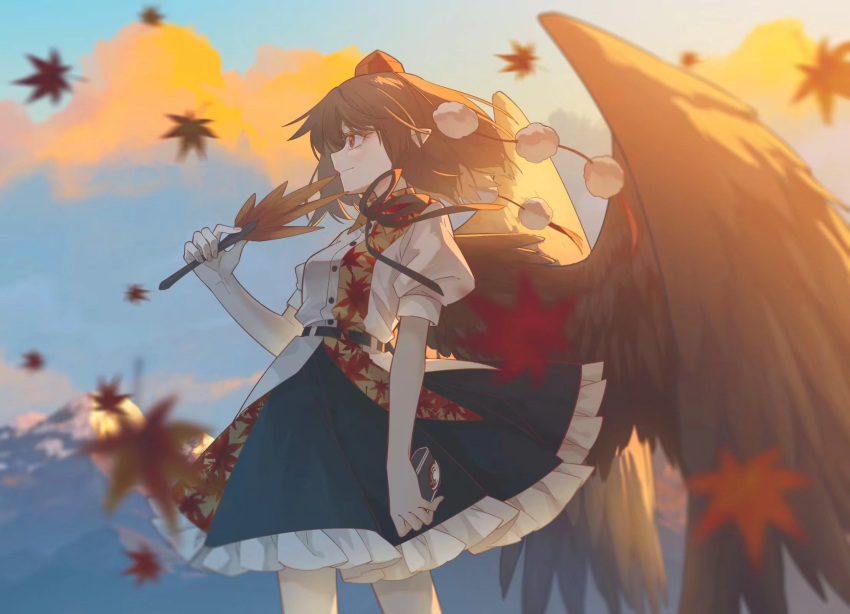 1girl autumn autumn_leaves bird_wings black_hair black_skirt black_wings blush buttons chinese_commentary closed_mouth collared_shirt feathered_wings frilled_skirt frills hand_fan hat hauchiwa highres holding holding_fan jiege leaf maple_leaf pom_pom_(clothes) puffy_short_sleeves puffy_sleeves red_eyes red_headwear shameimaru_aya shirt short_hair short_sleeves skirt solo tokin_hat touhou violet_eyes white_shirt wings
