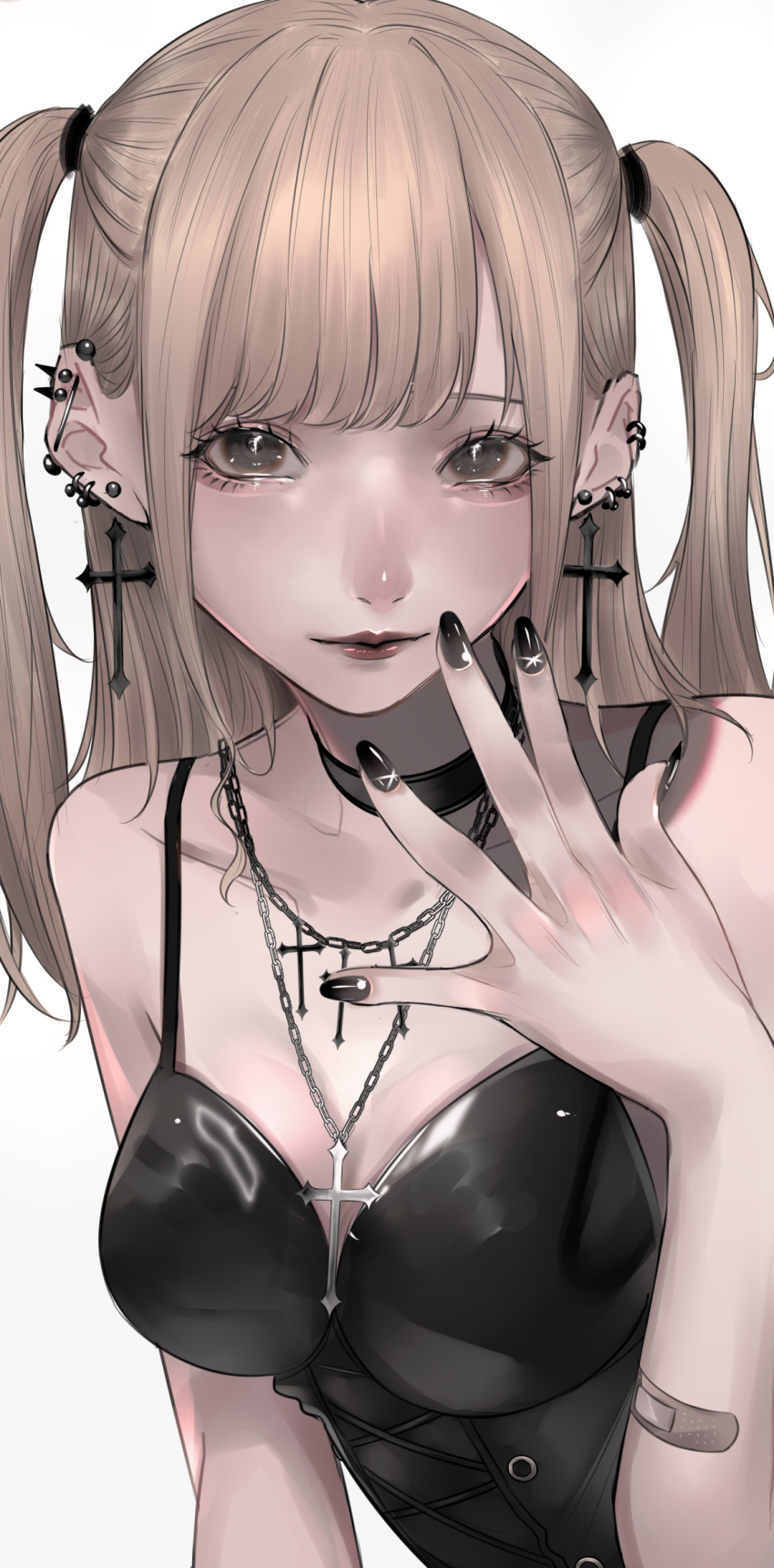 amane_misa bandaid bangs blonde_hair choker cross cross_earrings cross_necklace death_note earrings gothic highres jewelry mano_aaa nail_polish necklace two_side_up