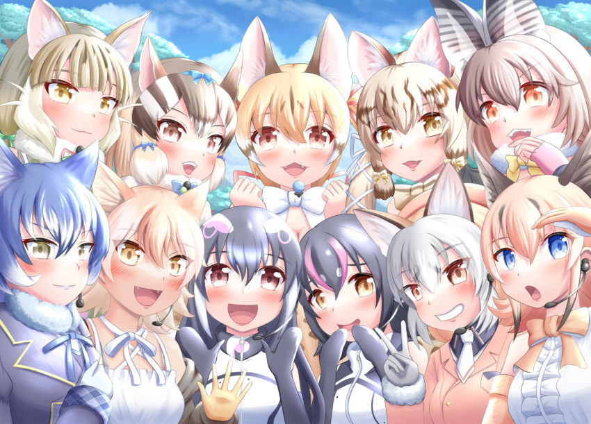 african_penguin_(kemono_friends) animal_costume animal_ear_fluff animal_ears bat_ears bat_girl black_hair blonde_hair blue_hair brown_hair brown_long-eared_bat_(kemono_friends) caracal_(kemono_friends) caracal_ears cat_ears cat_girl chipmunk_costume chipmunk_ears chipmunk_girl coyote_(kemono_friends) dire_wolf_(kemono_friends) extra_ears fox_ears fox_girl geoffroy's_cat_(kemono_friends) grey_hair humboldt_penguin_(kemono_friends) island_fox_(kemono_friends) jungle_cat_(kemono_friends) kemono_friends kemono_friends_v_project large-spotted_genet_(kemono_friends) long_hair looking_at_viewer multicolored_hair multiple_girls orange_hair penguin_costume penguin_girl short_hair siberian_chipmunk_(kemono_friends) smile virtual_youtuber wolf_ears wolf_girl yu_ta_info