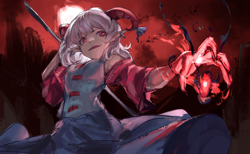 1girl absurdres bangs cowboy_shot dress earrings highres horizontal_pupils horns jewelry looking_at_viewer meandros open_mouth oversized_object pointy_ears rectangular_pupils red_eyes red_sleeves sharp_teeth short_hair solo standing teeth touhou touhou_gouyoku_ibun toutetsu_yuuma wb_yimo white_hair
