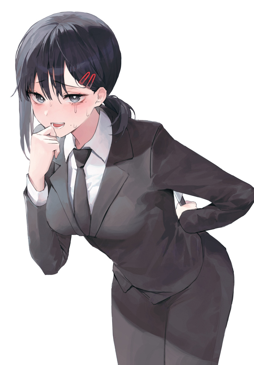 1girl absurdres bangs black_hair black_jacket black_necktie black_pants black_suit bright_pupils chainsaw_man collared_shirt cowboy_shot crying crying_with_eyes_open danah finger_to_own_chin formal from_side grey_eyes hair_ornament hairclip hand_on_hip hand_up higashiyama_kobeni highres holding holding_knife jacket knife leaning_forward looking_at_viewer low_ponytail medium_hair mole mole_under_eye mole_under_mouth necktie open_mouth pants shirt simple_background single_sidelock solo standing suit tears white_background white_pupils white_shirt
