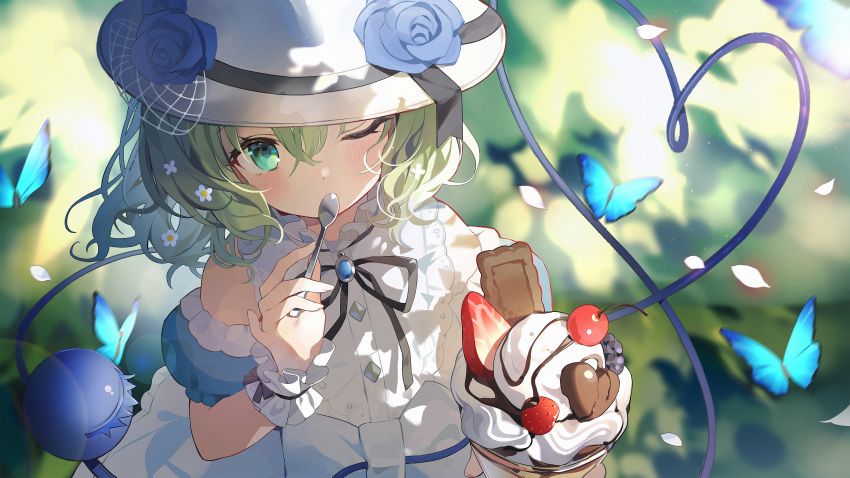 1girl absurdres alternate_costume animal black_ribbon blue_flower blue_rose blush bug butterfly buttons cho_kagaku_no_rei_kyoju diamond_button dress eyeball flower green_eyes green_hair hair_between_eyes hat heart heart_of_string highres holding holding_spoon komeiji_koishi medium_hair mixed-language_commentary one_eye_closed parfait ribbon rose solo spoon third_eye touhou white_dress white_flower white_headwear wrist_cuffs