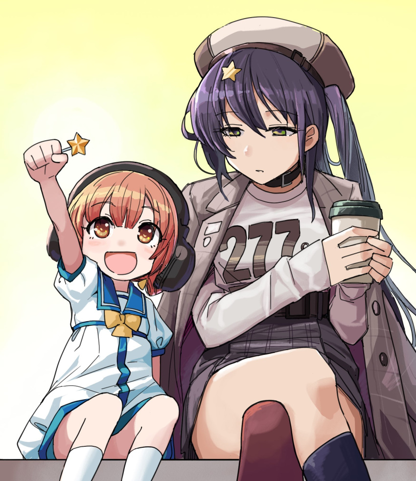 2girls beret black_hair blue_sailor_collar bow brown_eyes brown_hair candy clothes_writing coat coat_on_shoulders commentary_request crossed_legs dress feet_out_of_frame food grey_coat grey_eyes grey_shirt hair_rings hat headphones high-waist_skirt highres kaiboukan_no._4_(kancolle) kantai_collection lollipop long_hair low_twintails mizuki_kyou multiple_girls official_alternate_costume sailor_collar sailor_dress sailor_hat scamp_(kancolle) shirt side_ponytail skirt tumbler twintails white_dress white_shirt yellow_background yellow_bow