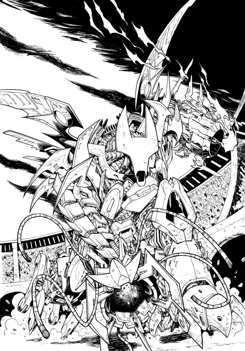 6+others arm_cannon cable colosseum crowd dc_comics dust english_commentary faceless greyscale highres lineart mecha monochrome multiple_others nick_roche robot running solo weapon
