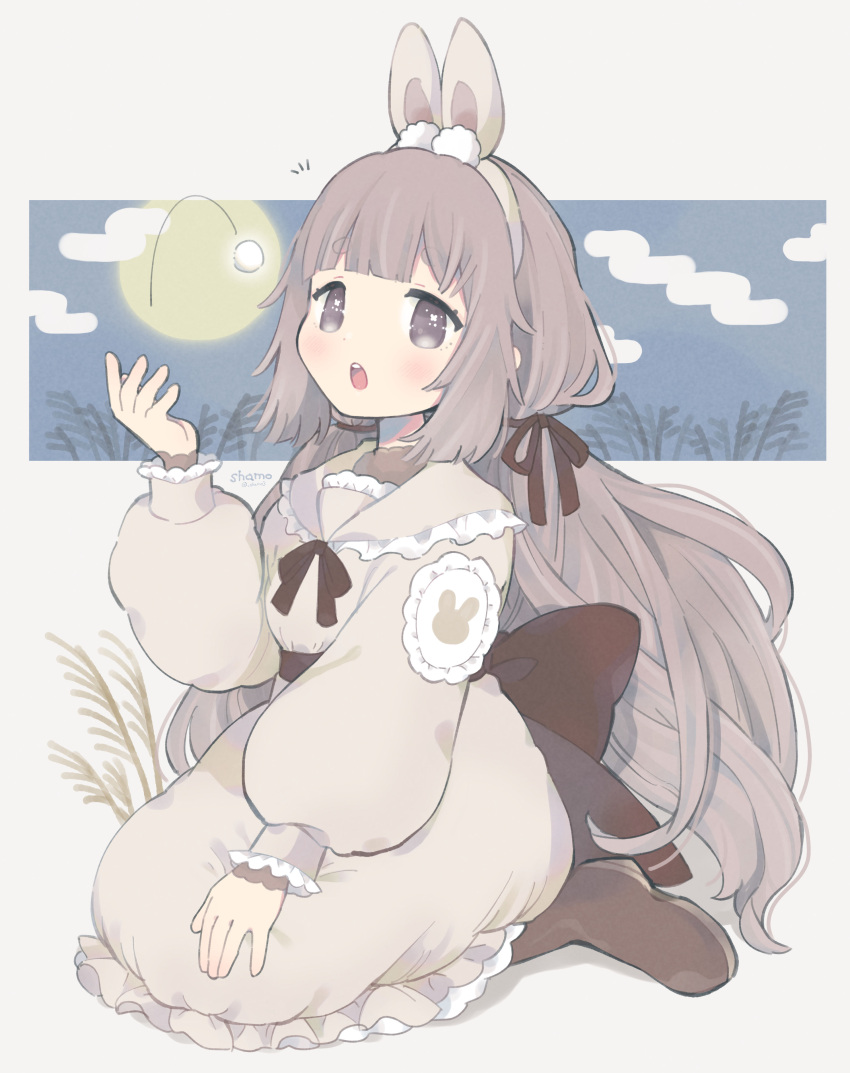 1girl :o absurdres animal_ears bangs blunt_bangs boots bow brown_bow brown_footwear brown_hair brown_ribbon dress fake_animal_ears frilled_dress frilled_sleeves frills grey_background grey_eyes highres long_dress long_hair long_sleeves looking_at_viewer moon open_mouth original puffy_long_sleeves puffy_sleeves rabbit_ears ribbon seiza shamo3 sidelocks sitting solo teeth tsukimi upper_teeth wheat