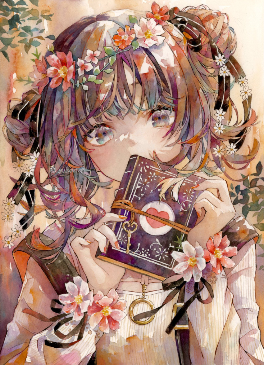1girl bangs book buckle covering_mouth daisy flower flower_request hair_flower hair_ornament heart highres holding holding_book key long_hair looking_at_viewer multicolored_eyes multicolored_hair nail_polish o-ring orange_nails original painting_(medium) plant shirt solo strap traditional_media twitter_username watercolor_(medium) white_shirt yukoring