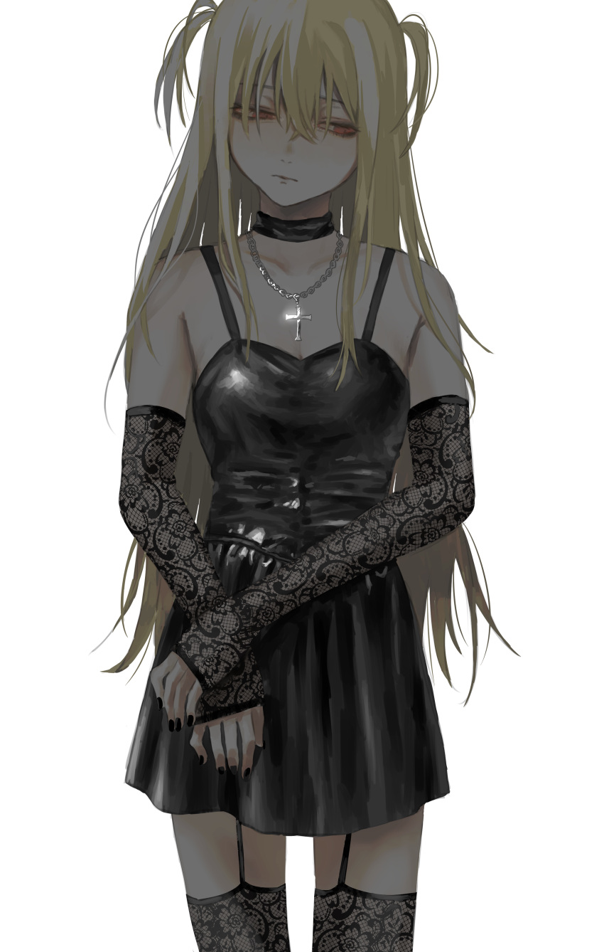 absurdres amane_misa black_dress black_thighhighs blonde_hair choker cross cross_necklace death_note dress gloves gothic highres jewelry lace lace_gloves lace_thighhighs long_hair necklace nia_(x_x02) red_eyes thigh-highs two_side_up