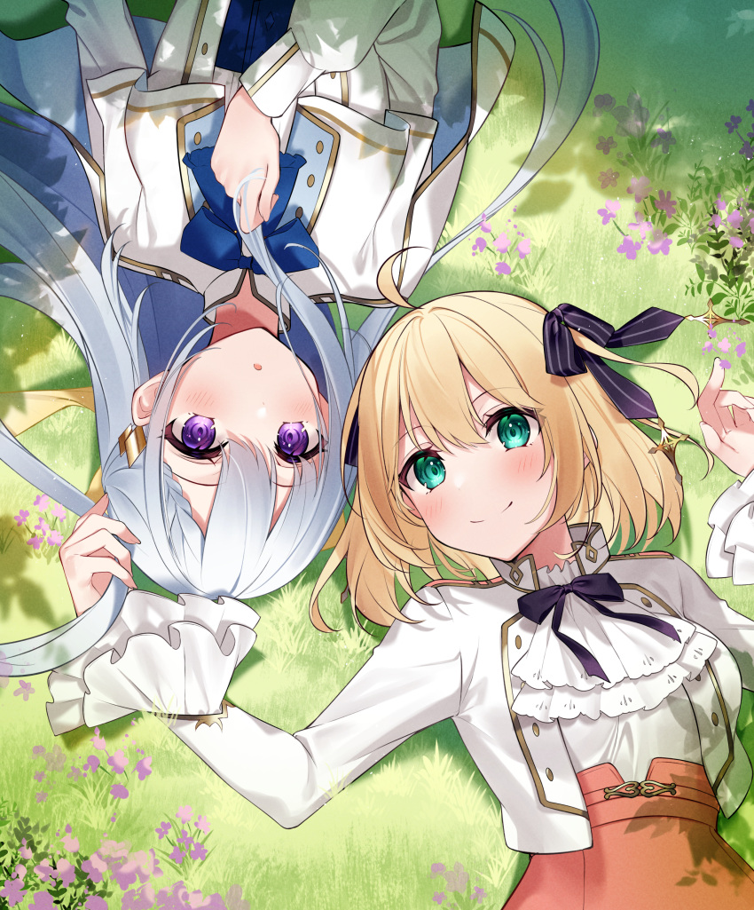 2girls :o absurdres anisphia_wynn_palettia anne-sophia_wynn_palletia bangs black_bow blonde_hair blue_bow blush bow closed_mouth commentary_request cropped_jacket euphilia_magenta euphyllia_magenta flower green_eyes grey_hair hair_between_eyes hair_bow hand_up highres jacket kisaragi_yuri long_sleeves looking_at_viewer lying multiple_girls on_back on_grass open_clothes open_jacket parted_lips puffy_long_sleeves puffy_sleeves purple_flower red_skirt shirt skirt smile striped striped_bow tensei_oujo_to_tensai_reijou_no_mahou_kakumei violet_eyes white_jacket white_shirt