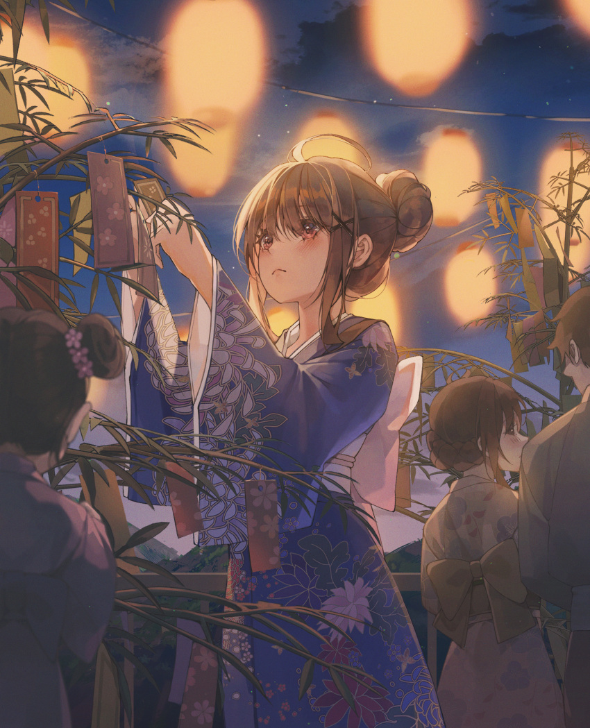 4girls absurdres blue_kimono blush brown_hair closed_mouth commentary english_commentary floral_print hair_bun hands_up highres japanese_clothes kimono lantern long_hair long_sleeves looking_up multiple_girls night night_sky obi original outdoors paper patch_oxxo pink_eyes plant sash sky solo_focus standing star_(sky) symbol-only_commentary tanabata white_sash