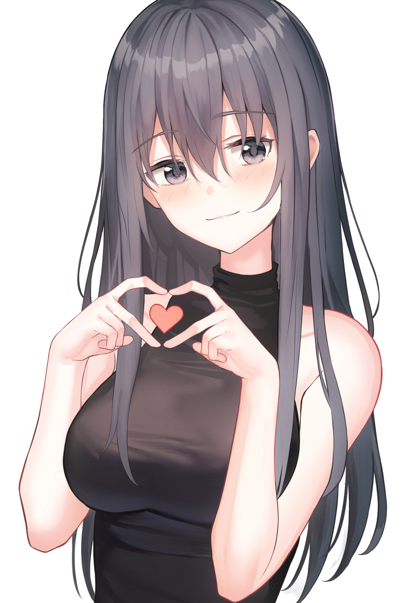 1girl absurdres bare_arms bare_shoulders black_eyes black_hair black_shirt blush breasts closed_mouth cropped_torso hair_between_eyes head_tilt highres large_breasts long_hair muyang original shirt sleeveless sleeveless_shirt sleeveless_turtleneck smile solo turtleneck white_background