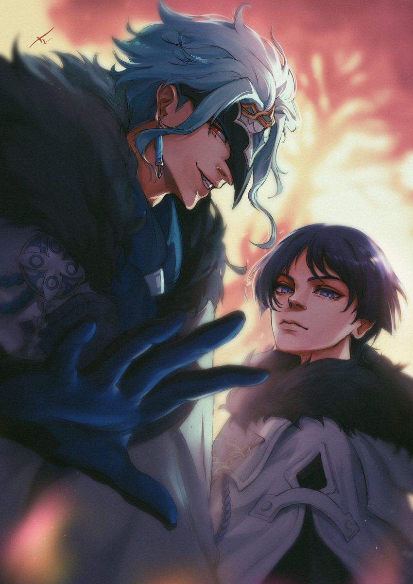 2boys bangs blue_eyes blue_gloves blue_hair blue_shirt blurry blurry_background branch closed_mouth coat dottore_(genshin_impact) earrings english_commentary fang fur-trimmed_hood fur_trim genshin_impact gloves gradient gradient_hair grey_coat hair_between_eyes hand_up highres hood hooded_coat jewelry long_sleeves looking_at_viewer mask multicolored_hair multiple_boys multiple_girls no_headwear petals red_eyes scaramouche_(genshin_impact) shirt short_hair smile standing teeth tree v-shaped_eyebrows xavestory yellow_sky
