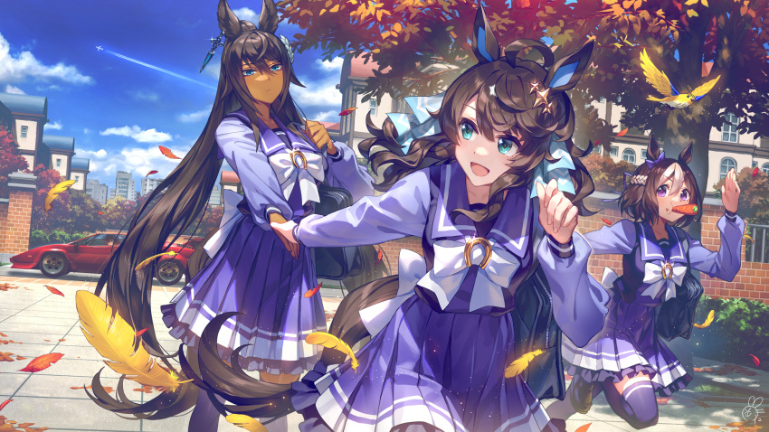 4girls aircraft airplane animal animal_ears autumn_leaves bangs bird black_footwear black_hair black_pantyhose blue_eyes blue_sky bow braid brick_wall brown_hair building car carrot clouds commentary_request contrail daring_tact_(umamusume) dark-skinned_female dark_skin day feathers feet_out_of_frame food food_in_mouth food_on_face frilled_skirt frills ground_vehicle hair_between_eyes hand_up highres holding_hands horse_ears horse_girl horse_tail lamborghini loafers long_hair maruzensky_(umamusume) motor_vehicle multicolored_hair multiple_girls okada_manabi outdoors pantyhose pleated_skirt purple_shirt purple_skirt purple_thighhighs running school_uniform shirt shoes skirt sky special_week_(umamusume) sports_car symboli_kris_s_(umamusume) tail thigh-highs tracen_school_uniform tree two-tone_hair umamusume very_long_hair violet_eyes white_bow white_hair window yellow_feathers