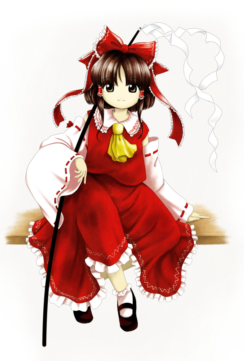 1girl ascot bad_hands bangs bow brown_eyes brown_footwear brown_hair closed_mouth commentary_request crossed_legs detached_sleeves frilled_bow frilled_hair_tubes frilled_ribbon frilled_shirt_collar frilled_skirt frilled_socks frills full_body gohei grey_background hair_bow hair_ribbon hair_tubes hakurei_reimu highres long_skirt long_sleeves looking_at_viewer mary_janes medium_hair nontraditional_miko parasite_oyatsu parted_bangs red_bow red_ribbon red_skirt red_vest ribbon ribbon-trimmed_sleeves ribbon_trim shoes sidelocks simple_background sitting skirt socks solo touhou vest white_sleeves white_socks wide_sleeves yellow_ascot zun_(style)
