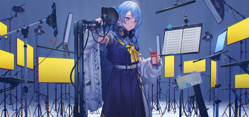 1girl asymmetrical_hair belt blue_eyes blue_hair blue_nails blue_shirt blue_skirt breasts chromatic_aberration commentary cowboy_shot drink drinking_straw expressionless fuurin_sou grey_jacket hair_bun headphones headphones_around_neck highres holding holding_drink hololive hoshimachi_suisei jacket juice_box light_blue_hair long_hair long_skirt looking_at_viewer microphone music_stand nail_polish neckerchief official_alternate_costume open_clothes open_jacket parted_lips pleated_skirt pop_filter sailor_collar school_uniform screen serafuku sheet_music shirt short_sleeves sidelocks single_side_bun skirt small_breasts solo standing star_(symbol) star_in_eye symbol_in_eye virtual_youtuber white_belt yellow_neckerchief