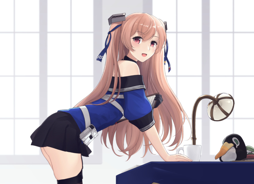 1girl black_gloves black_skirt black_thighhighs blue_shirt blush breasts brown_eyes failure_penguin gloves johnston_(kancolle) kantai_collection light_brown_hair long_hair looking_at_viewer medium_breasts miniskirt odachu off_shoulder open_mouth pleated_skirt red_eyes school_uniform serafuku shirt single_glove skirt solo thigh-highs two_side_up