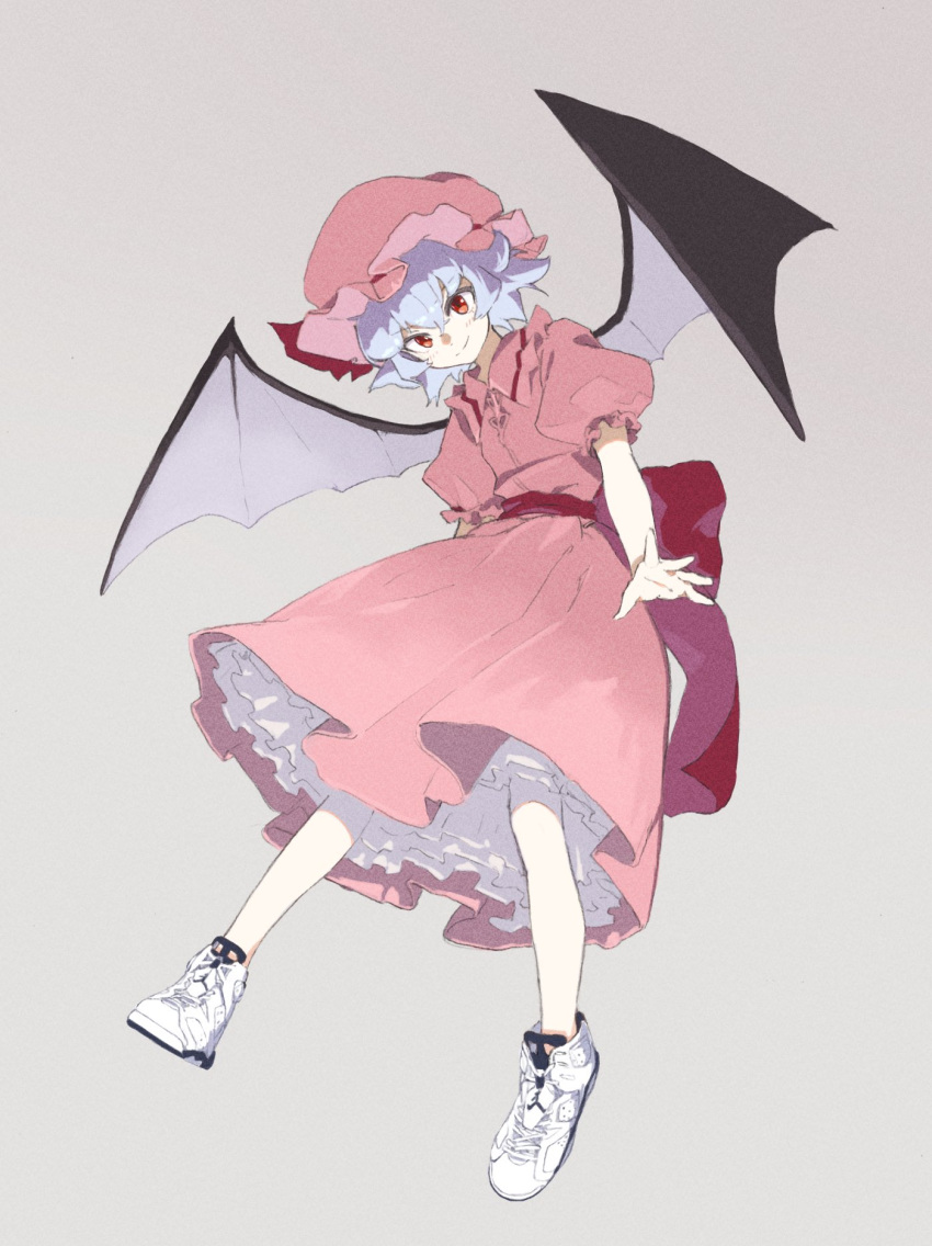 1girl alternate_footwear bat_wings black_wings blue_hair blush_stickers closed_mouth collared_dress dress full_body grey_background hat highres looking_at_viewer marker_(medium) mob_cap outstretched_arm outstretched_hand petticoat pink_dress pink_headwear puffy_short_sleeves puffy_sleeves red_eyes remilia_scarlet sash shiratama_(hockey) shoes short_hair short_sleeves smile sneakers solo spread_wings touhou traditional_media white_footwear wing_collar wings